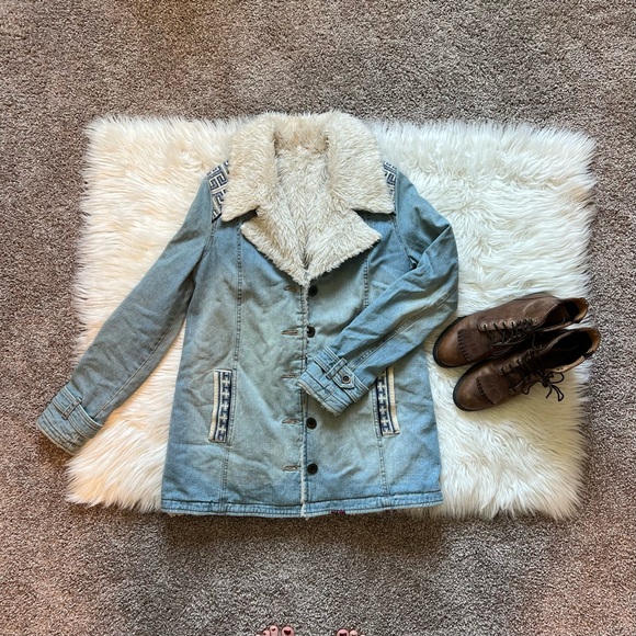 Free People Light Blue Denim & Sherpa Lined Long Boho Jacket - Picture 11 of 12